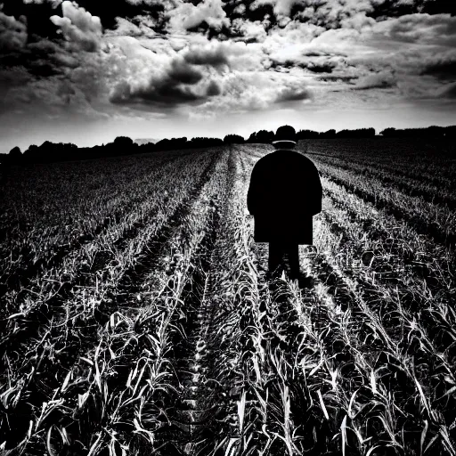 Prompt: The Hamburglar in a cornfield, UHD, HDR, intricate detail, black and white, gothic horror, moody, atmospheric lighting, haunting