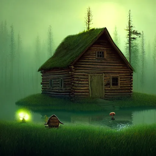 Prompt: A painting of a luminous old cabin in the swamp lands, a freindly bigfoot with a fish, by Gediminas Pranckevicius, cinematic lighting