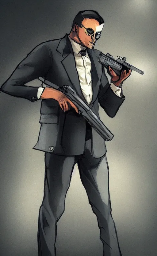 Image similar to rabbit as a hitman, suit and tie, with silenced gun, dynamic lighting, fantasy concept art, trending on art station, stunning visuals, creative, cinematic, ultra detailed, comic strip style