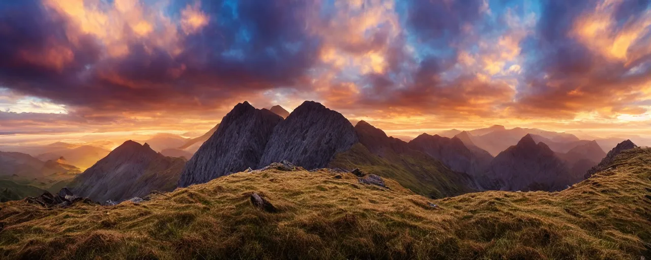 Prompt: Crib Goch!!!!!!!!!!! ridge, rays, epic, cinematic, photograph, atmospheric, dawn, golden hour, sunrise, purple golden blue sky clouds