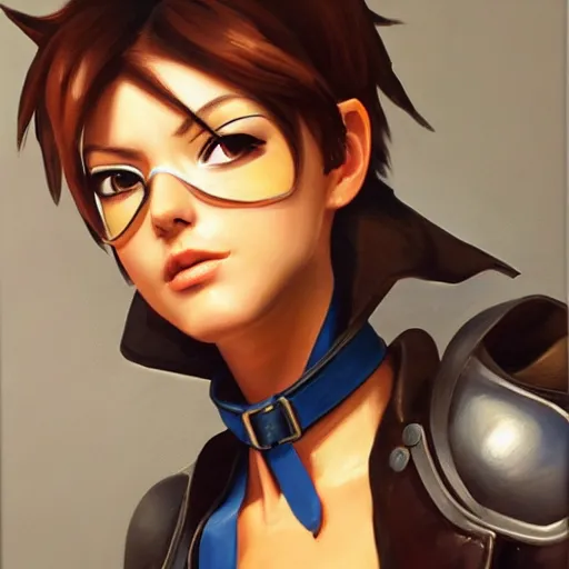 Image similar to oil painting of tracer overwatch in a field wearing large leather belt choker collar around neck, in style of mark arian, expressive face, detailed face, detailed eyes, full body, feminine face, tracer overwatch,