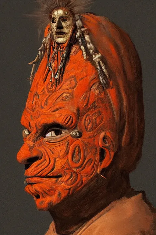 Prompt: portrait, headshot, digital painting, an old shaman in slavic wooden orange - painted ritual mask, realistic, hyperdetailed, chiaroscuro, concept art, art by frans hals