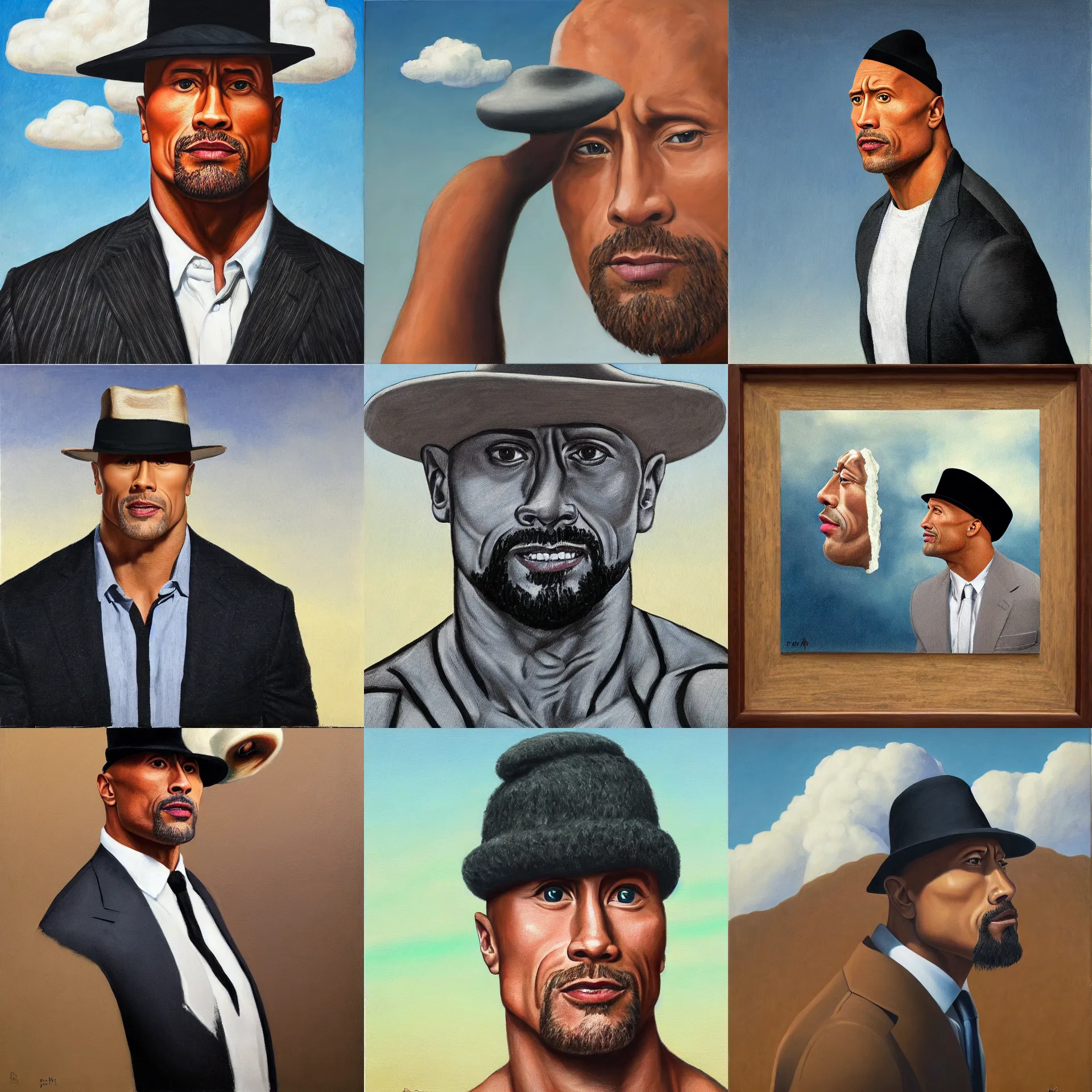 Prompt: front view portrait of dwayne johnson wearing a hat, painting inspired in the son of man by rene magritte