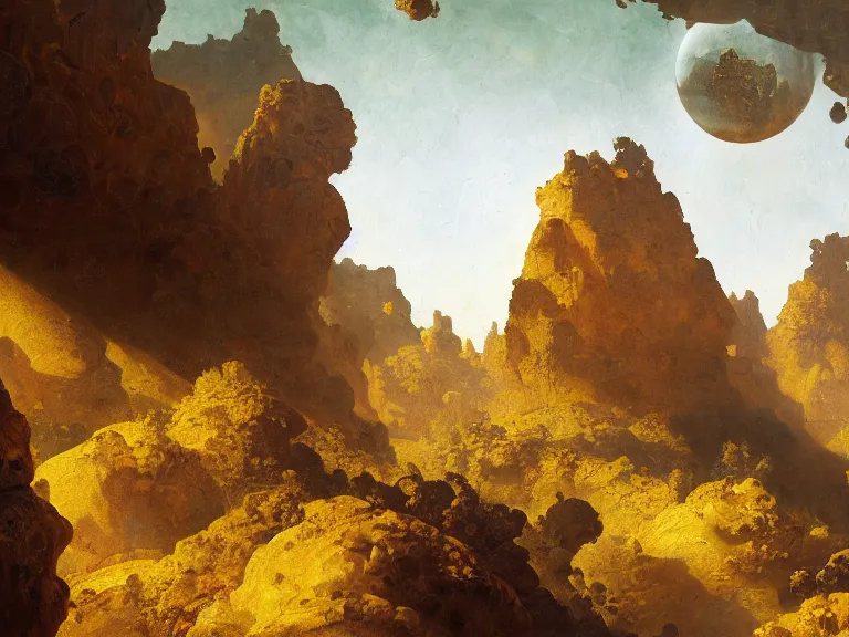 Prompt: an oil painting of an alien planet with a fractal crystal floating above the ground reflecting light in a desert canyon by carl spitzweg and tuomas korpi. baroque elements, full-length view. baroque element. intricate artwork by caravaggio. Trending on artstation. 8k