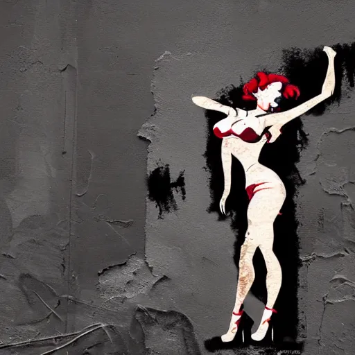 Prompt: abstract rough rugged graffiti art of a pinup girl on a black wall