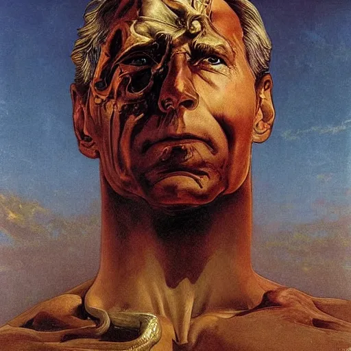 Image similar to portrait of immense, majestic, surreal, terrifying joe!!!! biden!!! standing triumphant over the city, perfectly clear face, by j. c. leyendecker, bosch, and beksinski