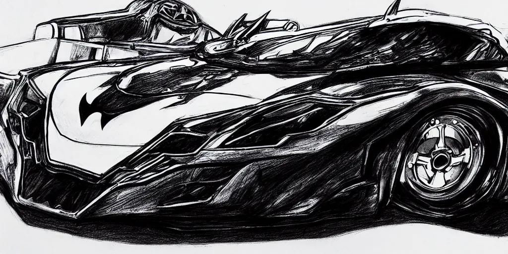 Image similar to ballpoint pen drawing of the batmobile, batman, arkham knight