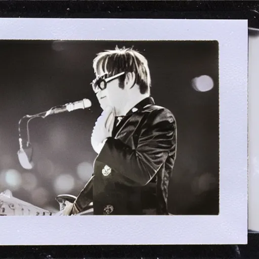 Image similar to Elton John Age 25, Dodgers Stadium concert in 1975, ultradetailed, polaroid picture, enhanced quality polaroid photo