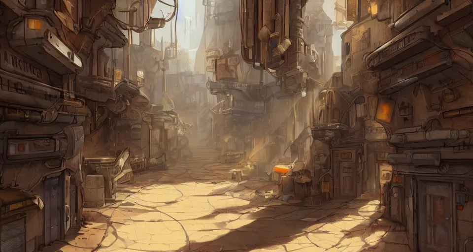 Image similar to Sci-fi wallpaper of an alley in a desert city, close-up view, point-and-click adventure game, cinematic, concept art