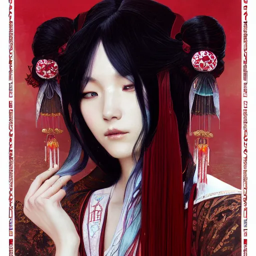Image similar to a beautiful portrait of hatsune miku with long black and deep red colored hair dressed as a ancient chinese sorceress, intricate, elegant, highly detailed, digital painting, artstation, concept art, matte, sharp focus, illustration, art by greg rutkowski and alphonse mucha