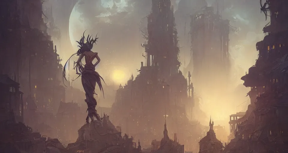 Prompt: a detailed illustration of a weeping woman against the background of a ravaged city and a dark moonlit sky, artstation, by Peter Mohrbacher, Art Nouveau, sophisticated, Unreal engine, dystopia, anti-utopia, post processing, nostalgic melancholic artwork, intricate