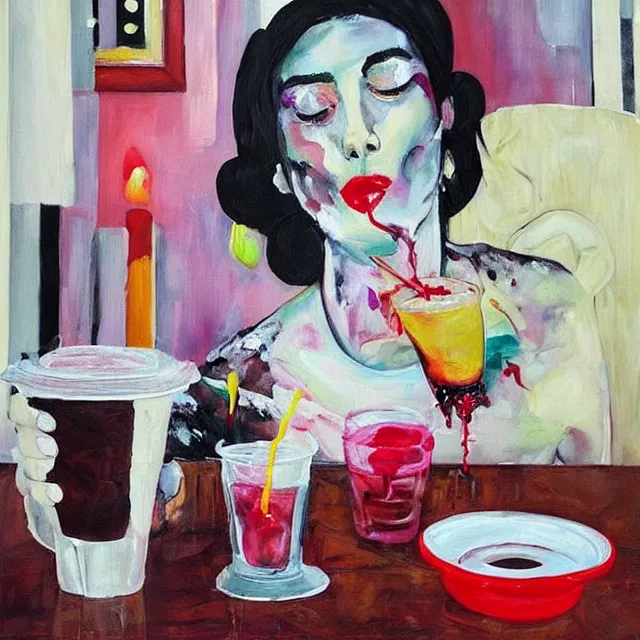 Image similar to “ sensual, a portrait in a female art student ’ s apartment, pancakes, woman drinking an iced latte from a painting, berries, art supplies, a candle dripping white wax, berry juice drips, neo - expressionism, surrealism, acrylic and spray paint and oilstick on canvas ”