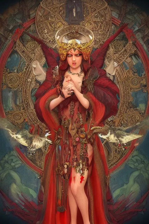 Image similar to zoom in 3 d render of demon with red face in church holding birds, ornaments, mucha vibe, dieselpunk, solarpunk, artstation, andrei riabovitchev