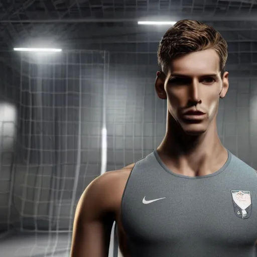 Image similar to a realistic detailed photo of a guy who is an attractive humanoid who is half robot and half humanoid, who is a male android, attractive and handsome soccer players, shiny skin, posing like a statue, blank stare, in a factory, on display, showing off his muscles, wearing soccer shorts, side view, looking at each other mindlessly