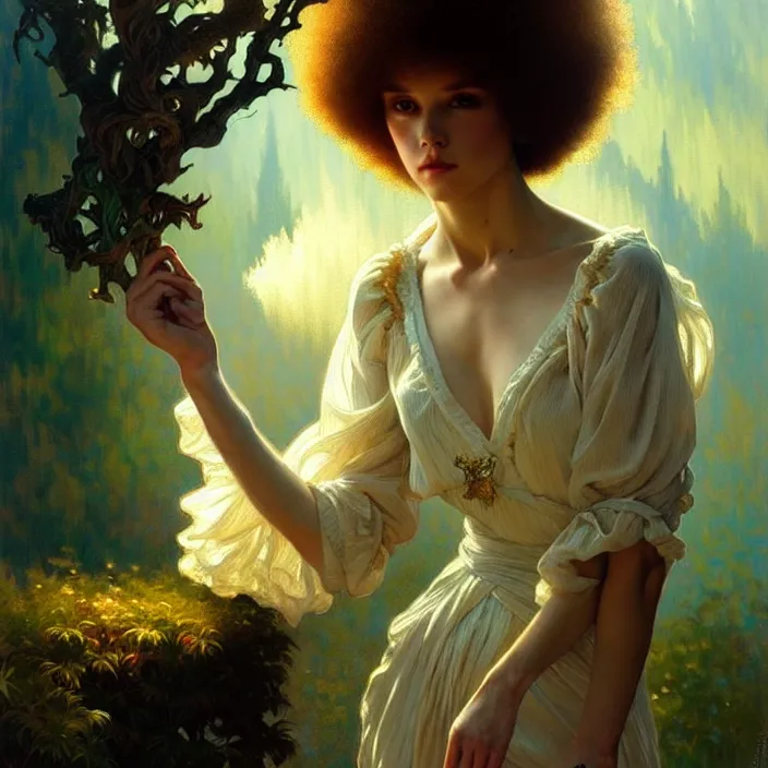 Image similar to Bob Ross, dramatic lighting, fantasy, intricate, elegant, highly detailed, lifelike, photorealistic, digital painting, artstation, illustration, concept art, smooth, sharp focus, art by John Collier and Albert Aublet and Krenz Cushart and Artem Demura and Alphonse Mucha