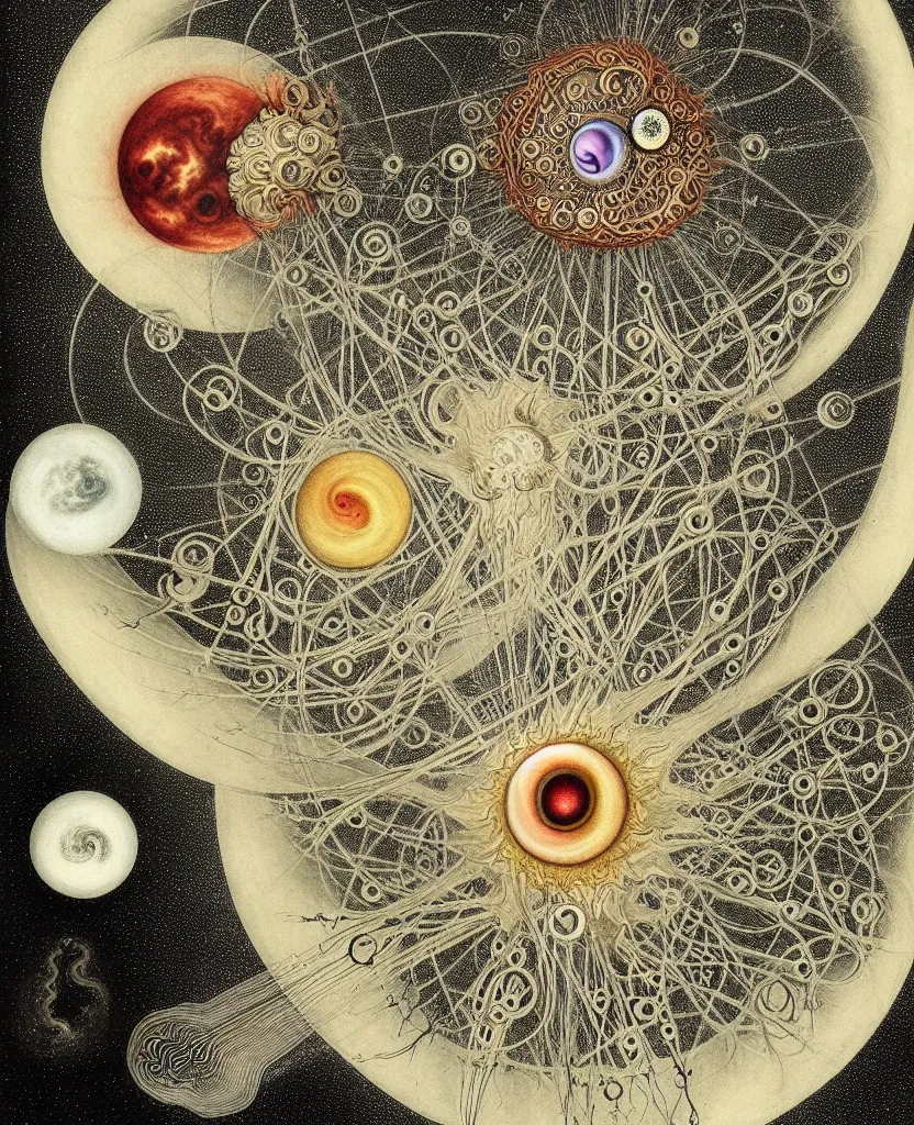 Image similar to whimsical uncanny creature alchemizes unique canto about'as above so below'being ignited by the spirit of haeckel and robert fludd, breakthrough is iminent, glory be to the magic within, to honor jupiter, painted by ronny khalil