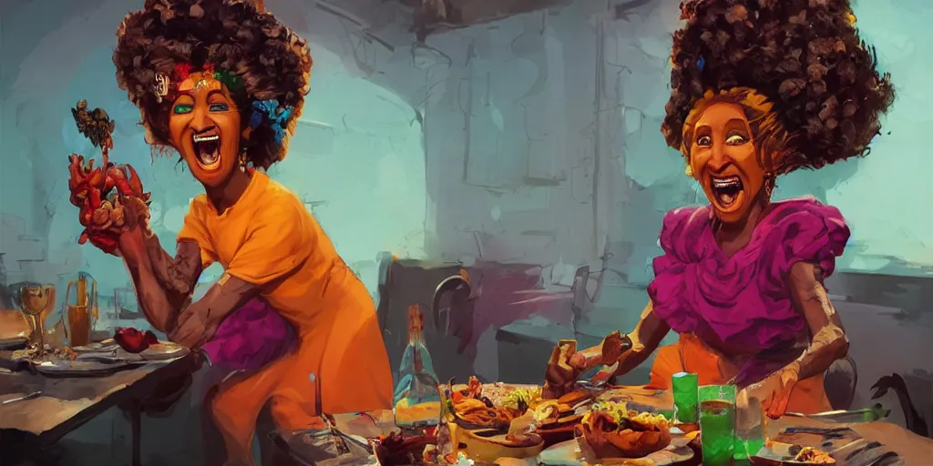 Prompt: cartoonish celia cruz eating dinner, vivid colors, character sheet, fine details, concept design, contrast, kim jung gi, greg rutkowski, enki bilal, trending on artstation, 8 k, full body, turnaround, front view, back view, ultra wide angle