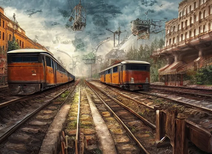 Image similar to 🛤🚞🧳, lowbrow, matte painting, 3 - d highly detailed, in the style of,