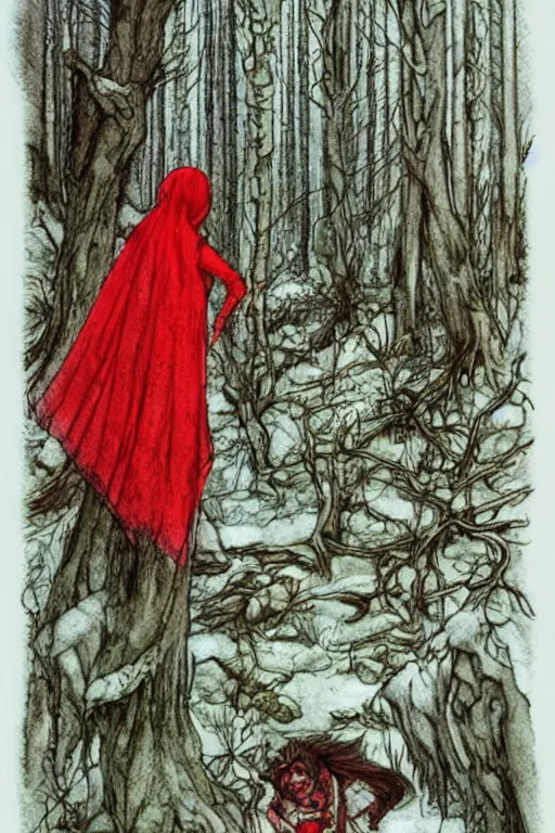 Image similar to detailed red riding hood lost in a winter forest, fantasy art, trending on artstation, fairytales, art by luis royo and walter crane and kay nielsen, watercolor illustration,