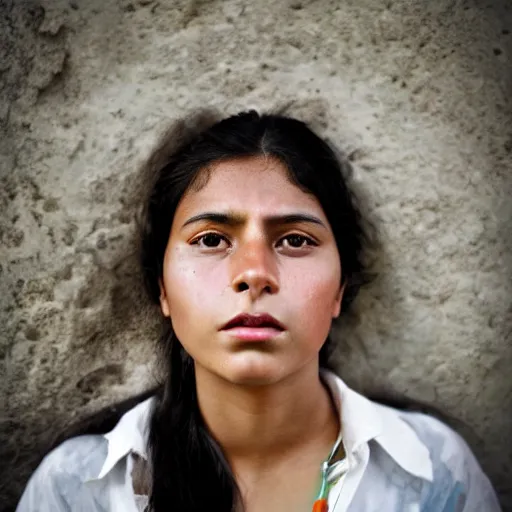 Image similar to award winning photo of a young mexican woman in the style of martin schoeller