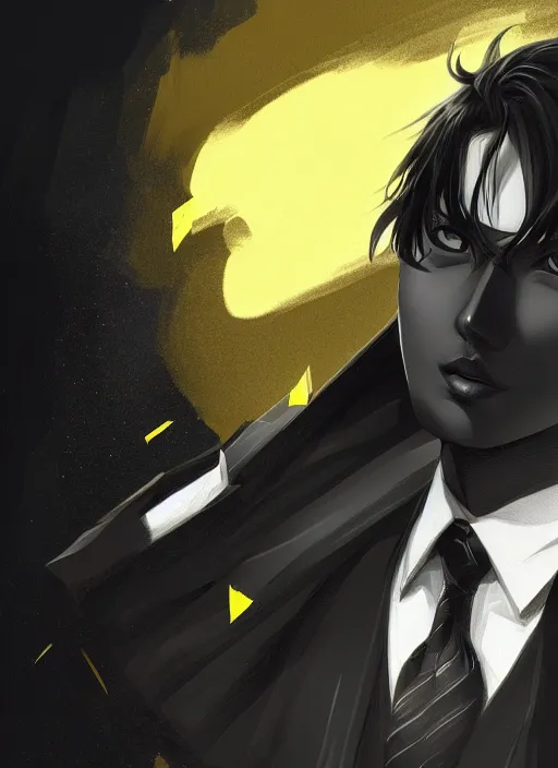 Image similar to a highly detailed illustration of kento yamazaki as pale skin hero wearing black suit and tie with coattails, yellow eyes, dramatic standing pose, intricate, elegant, highly detailed, centered, digital painting, artstation, concept art, smooth, sharp focus, league of legends concept art, wlop.