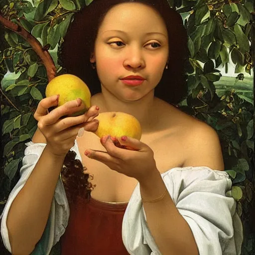 Prompt: beautiful multiracial woman eating an quince from a tree in the garden of eden, realistic renaissance master genius painting