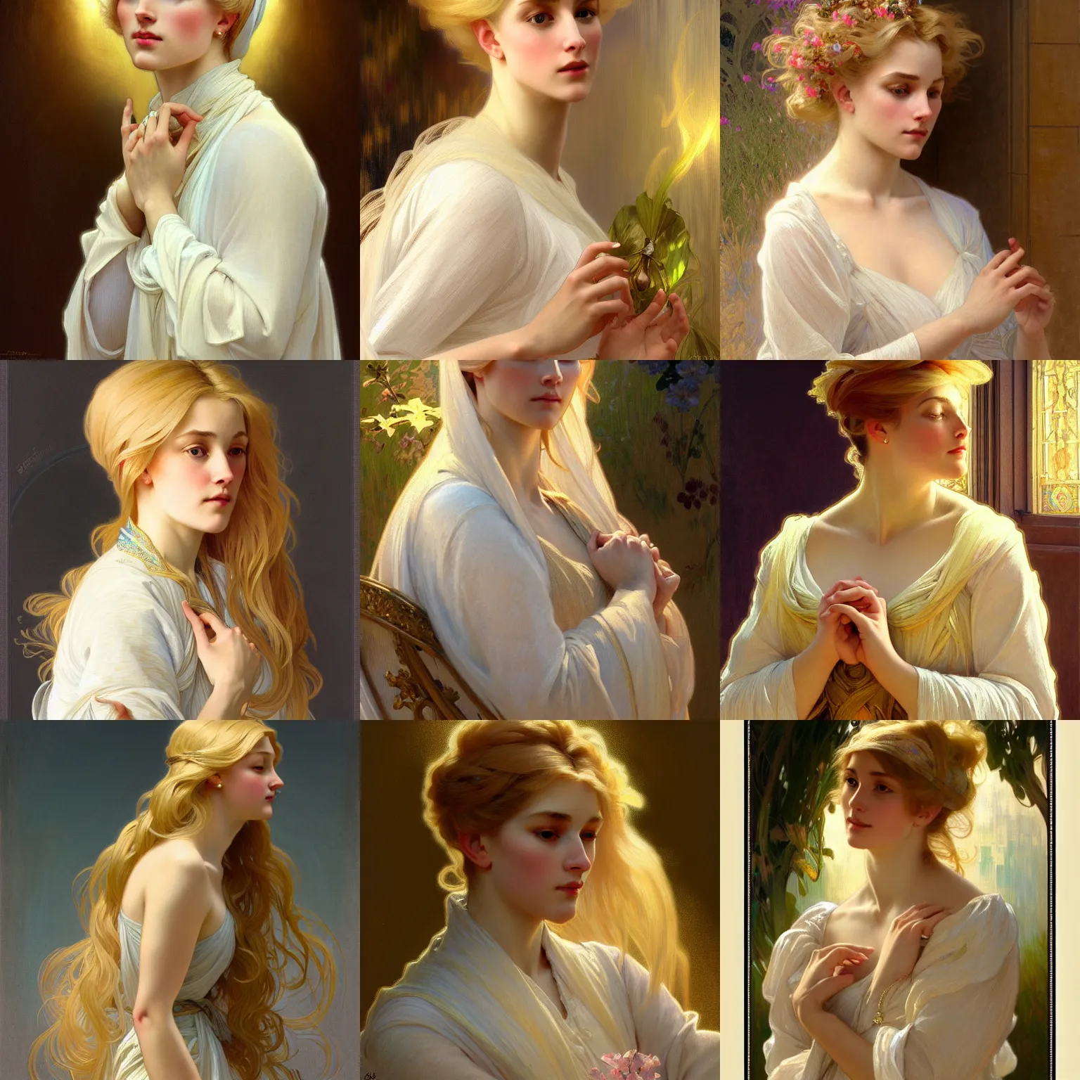 Image similar to painted portrait of a modest wife blessed by god with ever - increasing intelligence beauty and virtue. blonde, clothed holy body, light effect. feminine, powerful, in clothes! intricate, elegant, highly detailed, digital painting, artstation, concept art, smooth, sharp focus, illustration, art by gaston bussiere and alphonse mucha