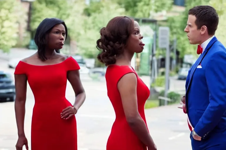 Prompt: full body film still of a man longingly looking at a woman in a red dress as a woman in a blue dress looks disgusted at the man in the new romance comedy movie, dramatic angle, dramatic lighting, meme