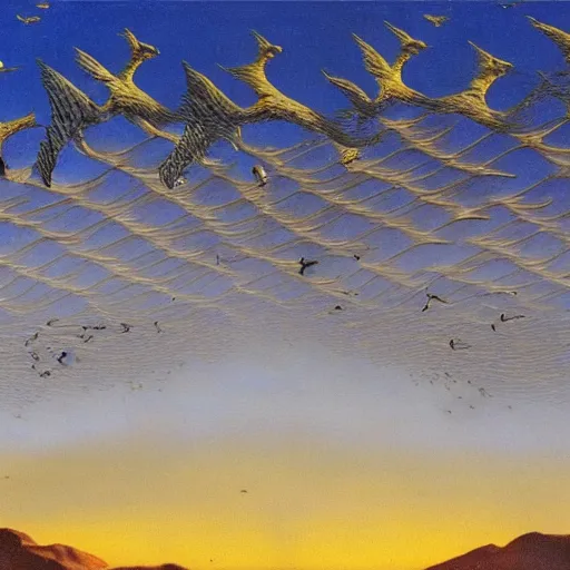 Image similar to an endless city. birds fly overhead. murmuration, it goes in forever, dreamscape masterpiece. salvador dali, highly detailed. barlowe. 8 k.