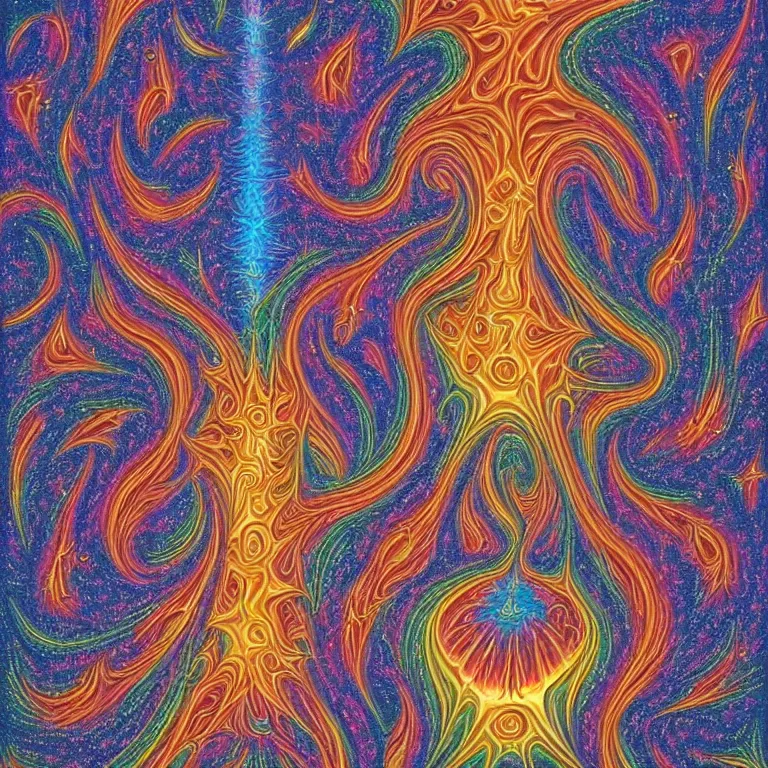 Image similar to psychedelic trippy fractal soul on fire deep space galaxy within award winning painting by alex grey symmetrical