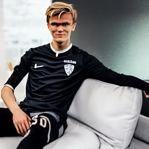 Image similar to a realistic detailed photo of a guy who is an attractive humanoid who is half robot and half humanoid, who is a male android, soccer player martin ødegaard, shiny skin, posing like a statue, blank stare, in a living room, on display