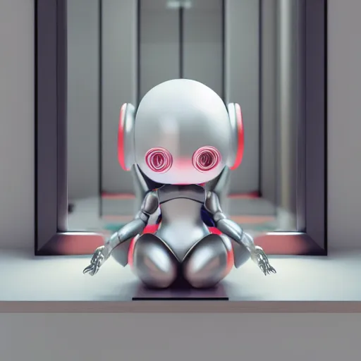 Prompt: cute fumo plush of a plastic shining robot girl in the mirror looking at reflection, vray, asymmetry