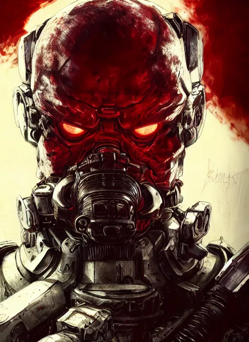 Image similar to close up portrait of the doom slayer, red backlight, powerful, domineering, stoic, masterful, intense, ultrafine hyperdetailed illustration by kim jung gi, irakli nadar, intricate linework, sharp focus, octopath traveler, yoji shinkawa, highly rendered, detailed, concept art