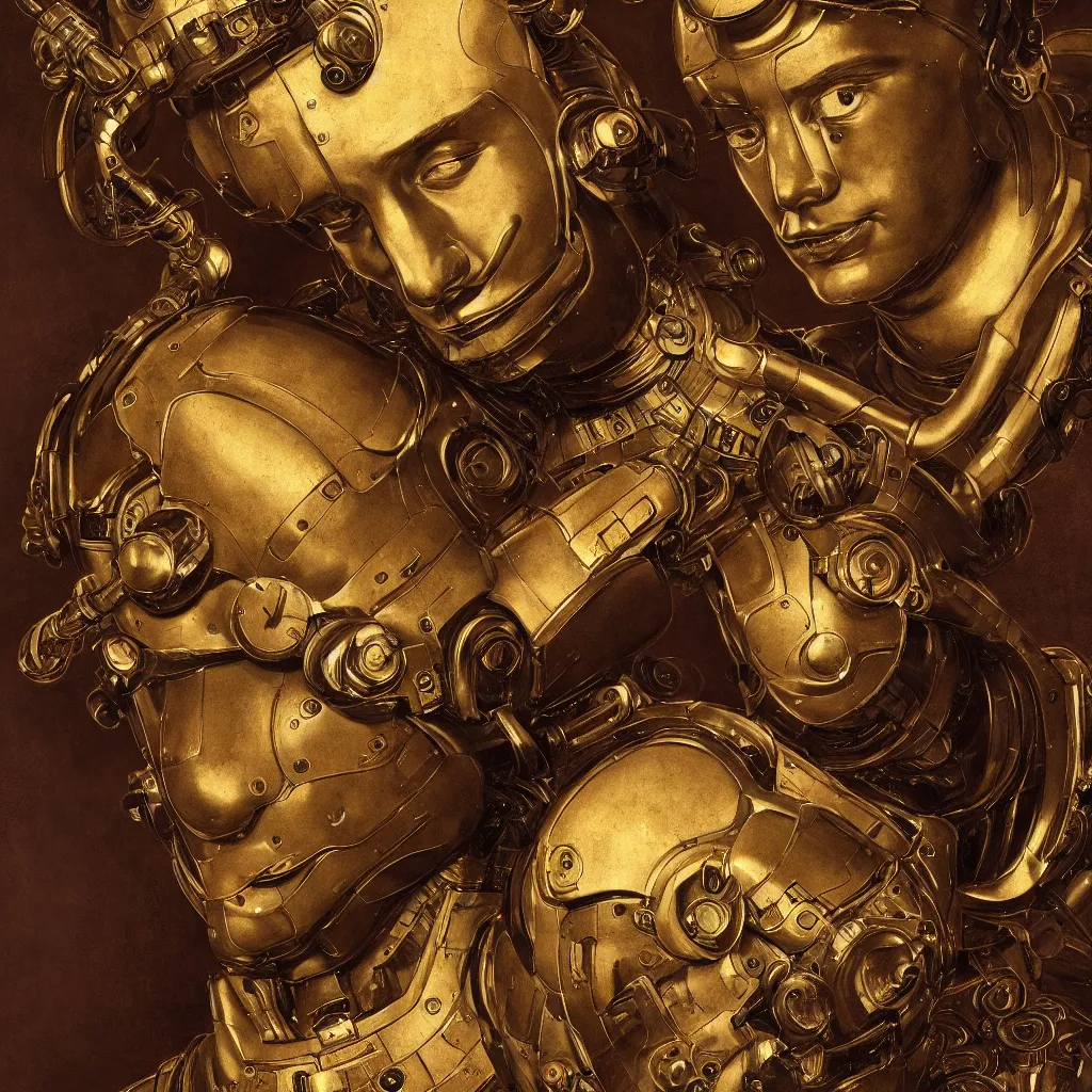Image similar to cinematic bust portrait of futuristic god robot, head and chest only, part by Norman Rockwell, part by maxfield parrish, part by Mattias Adolfsson part by Moebious, high angle, intricate, detailed, volumetric lighting, oil on canvas, HD, HDR, 4K, 8K , nice colors, hyper-realistic