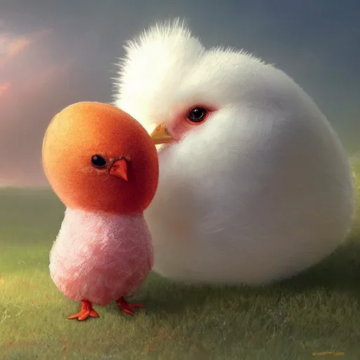 Prompt: cute plush chicken is hatching from a super cute egg. Detailed digital art by greg rutkowski, Thomas kinkade, Keith Parkinson, Marc Simonetti, artstation, so cute, cgsociety, 8k, HD