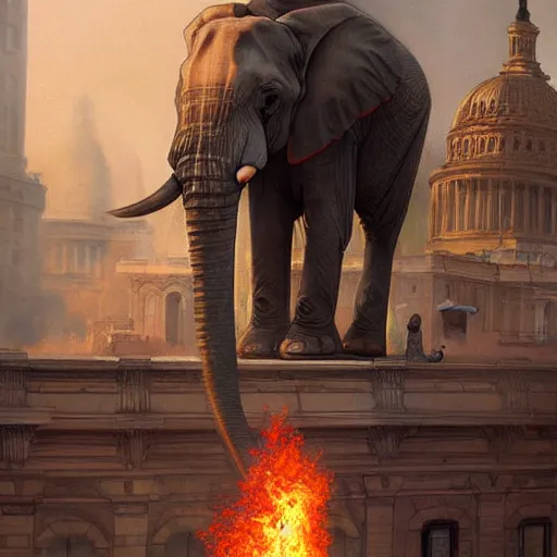 Prompt: an elephant in a business suit burns down the capitol building, highly detailed digital painting, artstation, concept art, smooth, sharp focus, illustration, art by artgerm and greg rutkowski and alphonse mucha