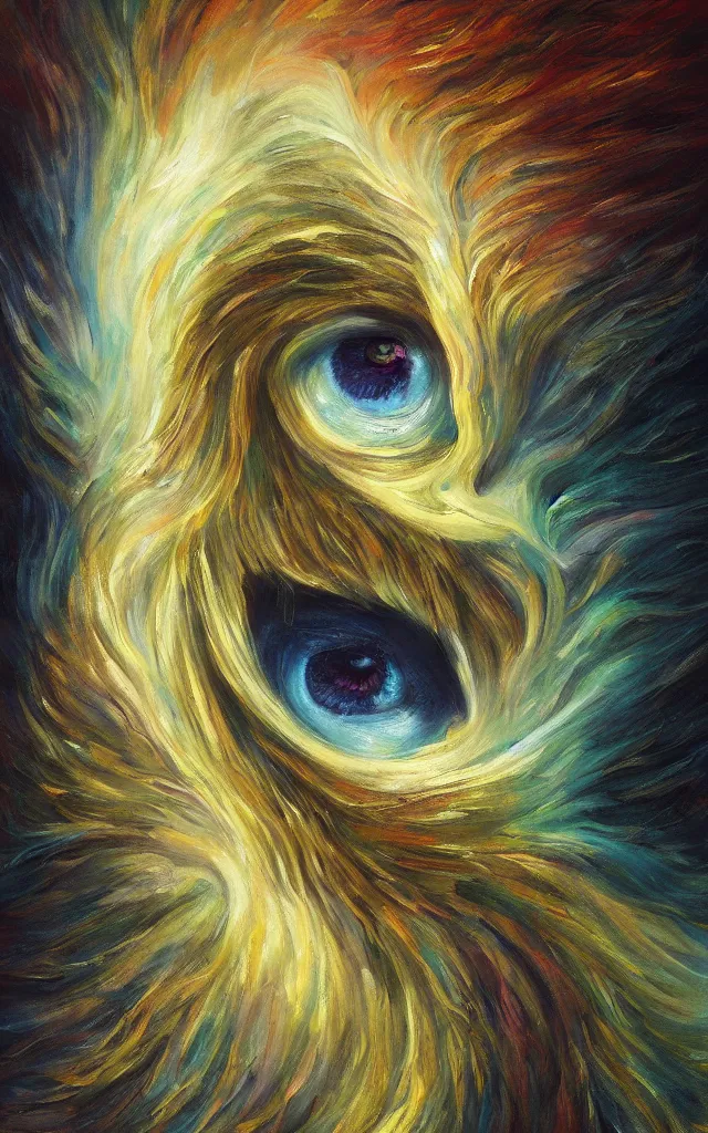 Image similar to iridescent spirit of wrath and fear cruel beautiful spirit with golden eyes lunar mythos ambient fog, award winning oil painting, lunar color palette