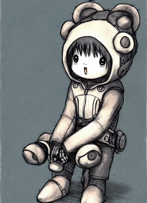 Image similar to beautiful little boy wearing an cyborg bear suit, artwork in kentaro miura and made in abyss and rosdraws, smooth, beautiful lightness, anatomically correct, trending on pixiv, forest