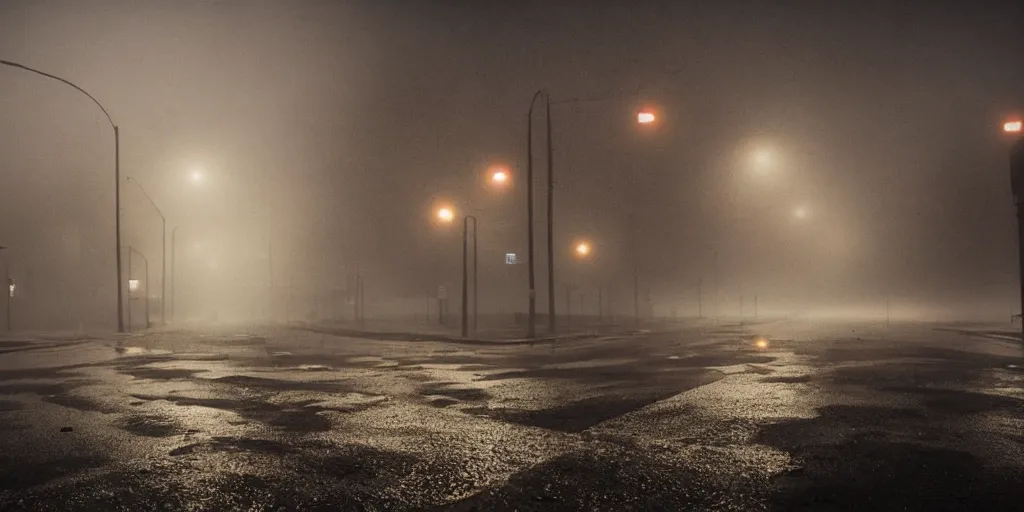 Image similar to silent hill in real life, desolate street, sombre, parked cars, overcast, blankets of fog pockets, rain, volumetric lighting, beautiful, night time, autumn, sharp focus, ultra detailed, cgsociety