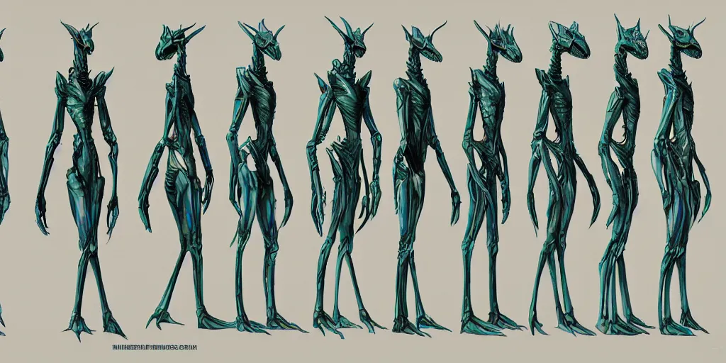 Image similar to a humanoid mantis alien creature, character design sheet, detailed concept art by fortiche, masterpiece