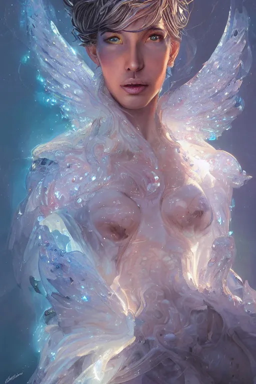 Image similar to torso closeup model wearing exploding crystal white dress, sorcerer, diamonds, angel, fantasy, dramatic lighting, highly detailed, digital painting, holding electricity, magic the gathering, hyper detailed, 3 d render, hyper realistic detailed portrait, peter mohrbacher, wlop, ruan jia