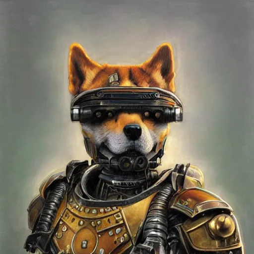 Image similar to wearing warhammer 4 0 0 0 0 emperor armor realistic cyborg anthropomorphic shiba inu scifi cyberpunk, portrait art by donato giancola and greg rutkowski, vintage retro scifi, realistic face, digital art, trending on artstation, symmetry