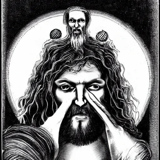 Prompt: jesus christ the occult leader, demented, horror, creepy, terror, close up,