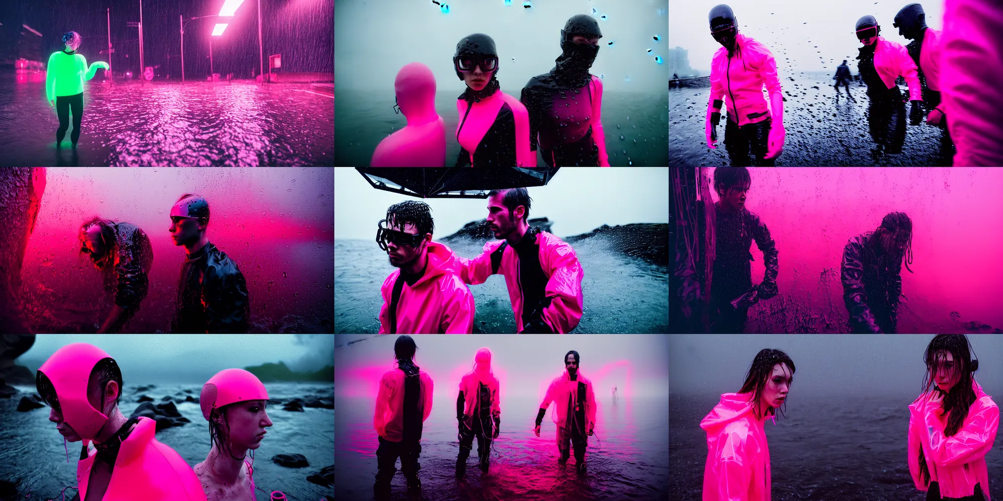 Prompt: cinestill hasselblad candid photographic portrait by robert capas of cyberpunks wearing rugged neon pink mesh techwear in treacherous waters, wideangle, extreme motion blur, modern cyberpunk moody depressing cinematic, pouring rain, 8 k, hd, high resolution, 3 5 mm, f / 3 2, ultra realistic faces, ex machina