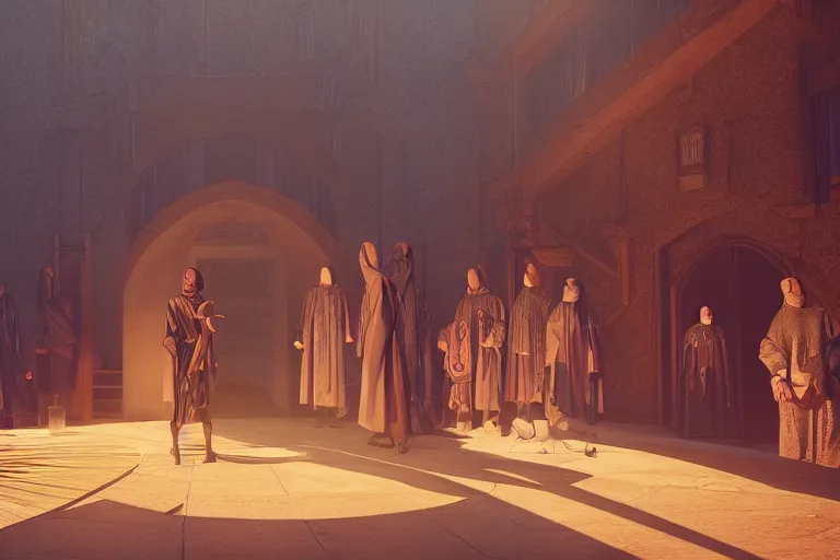 Image similar to cultist secret meeting taking place in an art deco townhall in a oriental medieval fantasy village. incredible voluminous indirect soft glow cinematic lighting, hyperdetailed features, movie still, intricate, octane render, unreal engine, crepuscular rays, god rays, by beeple and rhads and donato giancola