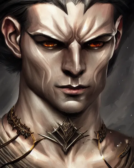 Image similar to a handsome noble male dark elf, obsidian skin, jewels, gemstones, silk, fantasy, intricate, elegant, highly detailed, digital painting, artstation, concept art, sharp focus, illustration