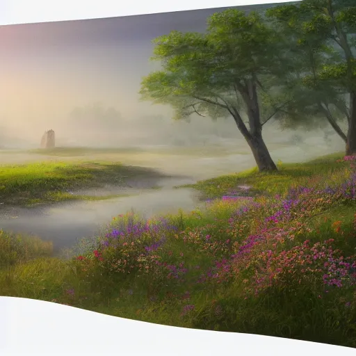 Image similar to a matte painting of a prairie, cottage close up, river, foggy, patchy flowers, oil painting, pale colors, high detail, 8 k, wide angle, trending on artstation,