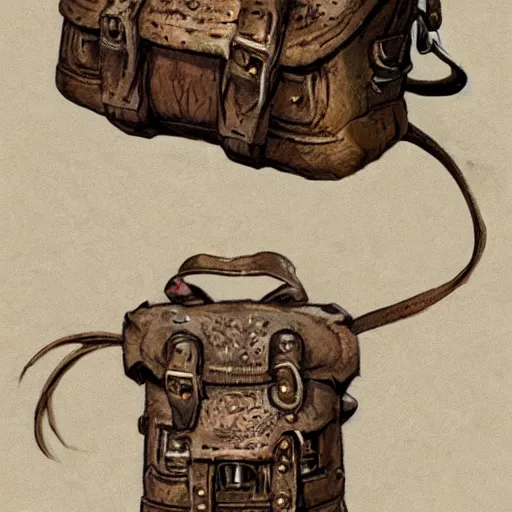 Prompt: close-up of medieval bags attached to belt, small bags made of cotton, detail, fantasy, style of Frank Frazetta, concept art, trending on artstation, Dungeon and Dragons