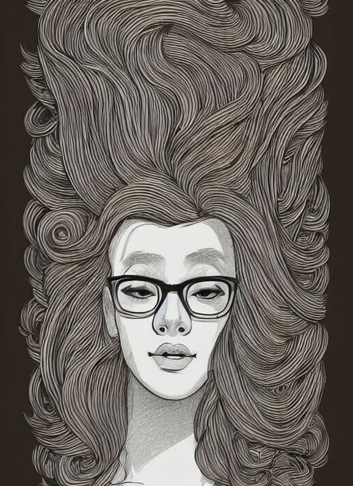 Prompt: clean simple line art of a woman with light brown hair and glasses sitting on a tall pile of books. well composed, clean coloring book page, beautiful detailed face. coloring book line art by greg rutkowski and johanna basford