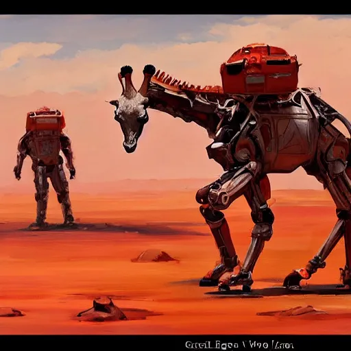 Image similar to a half robot giraffe walking on mars, trending on artstation, art by greg manchess, guangjian, detailed digital art, artstation hd